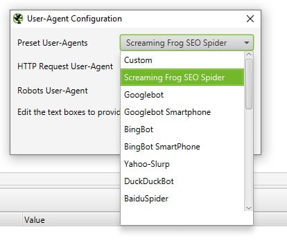 Screaming Frog User Agent Change